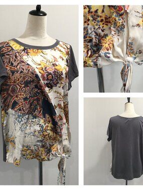 TINY Anthropologie Multi Colored Satin Print Knot Hem Gray Jersey Back Shirt Top